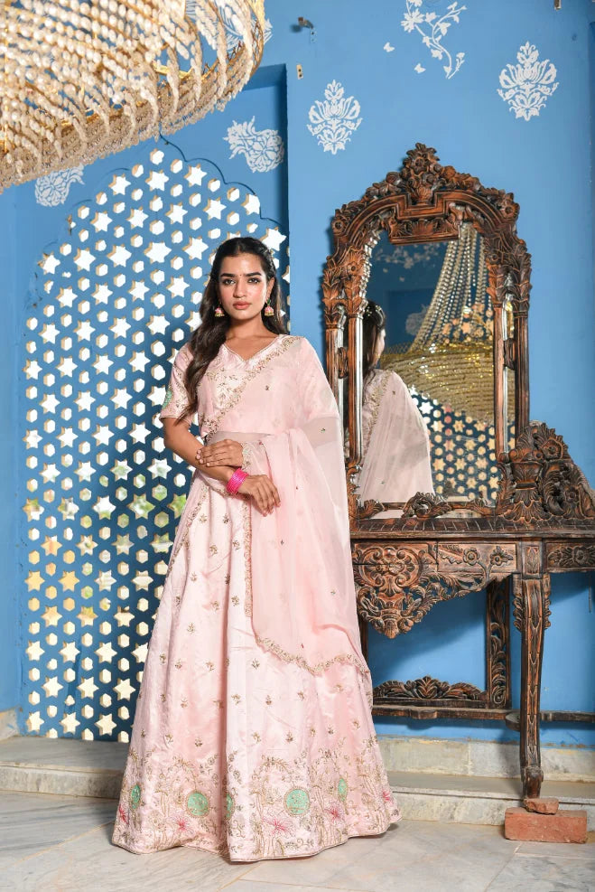 Blush Pink Heavy Embroidery Lehenga Set - Luxury Fashion by Saroj Jain - View 1