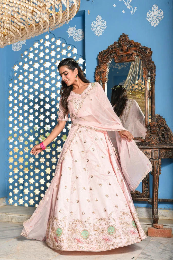 Blush Pink Heavy Embroidery Lehenga Set - Luxury Fashion by Saroj Jain - View 2