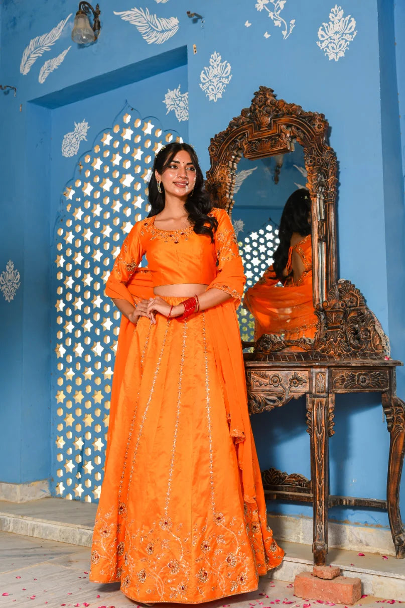 Orange Heavy Embroidery  Lehenga Set