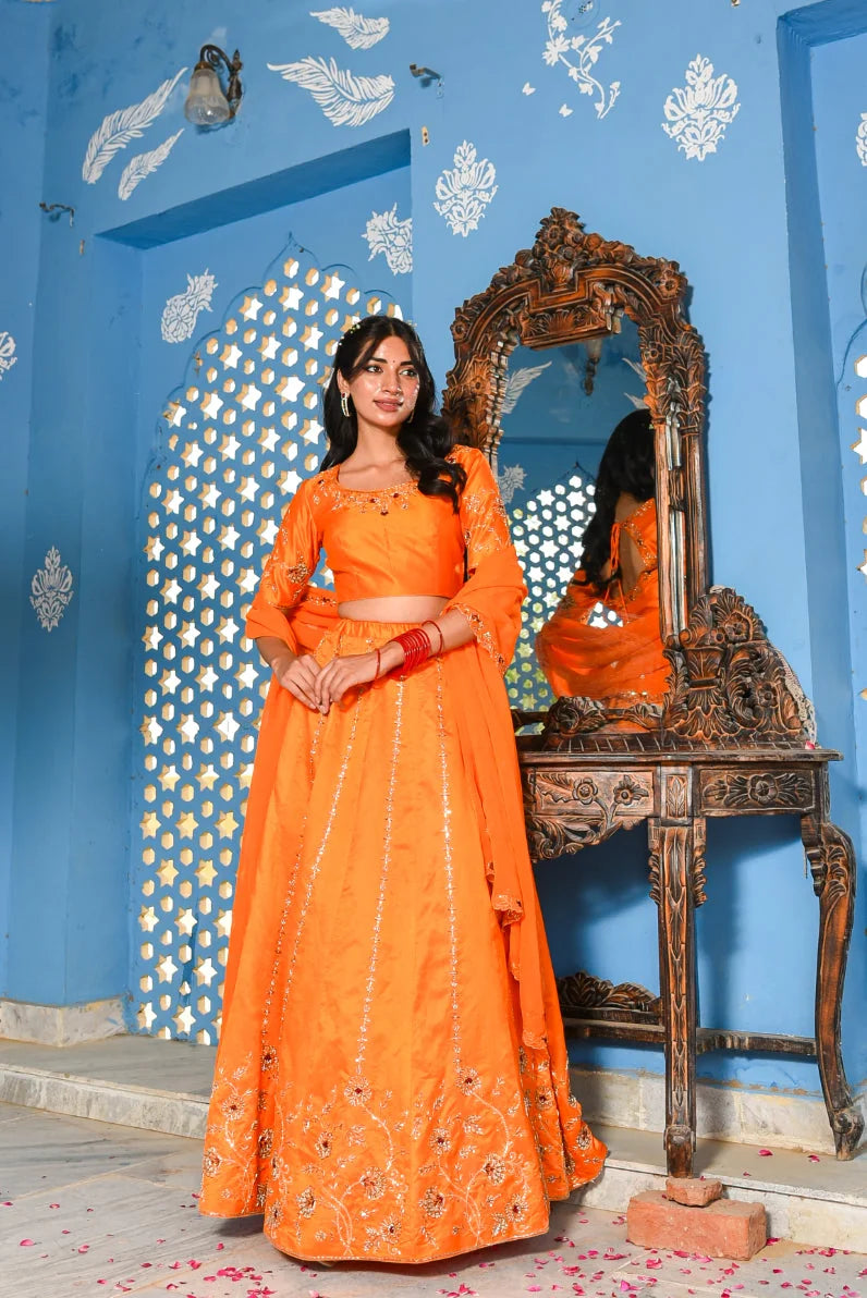 Orange Heavy Embroidery  Lehenga Set