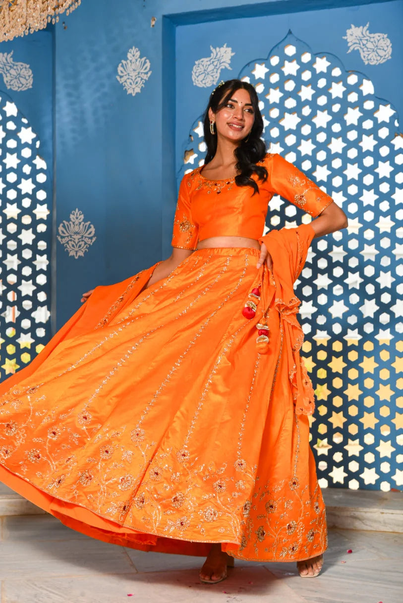 Orange Heavy Embroidery  Lehenga Set