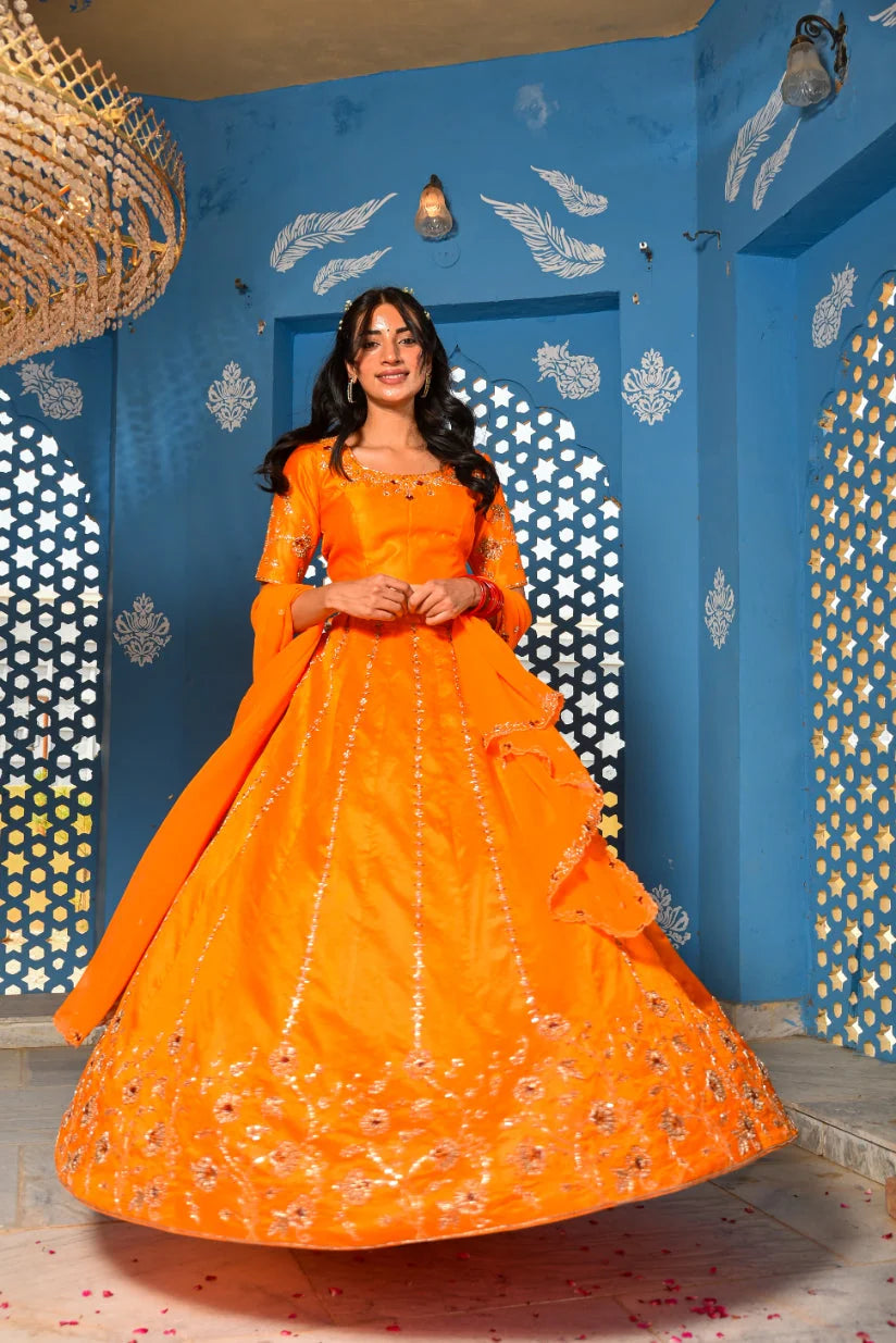 Orange Heavy Embroidery  Lehenga Set