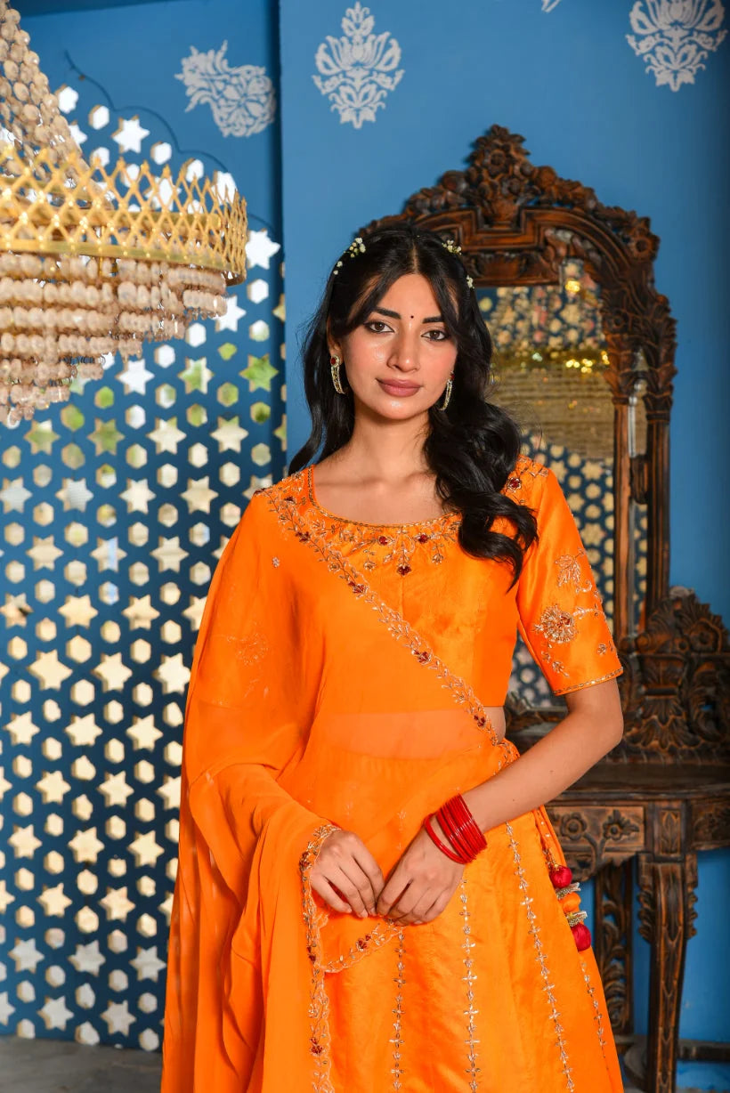 Orange Heavy Embroidery  Lehenga Set