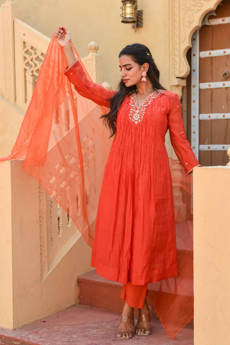 Crimson Red Chanderi Silk Kurta Set - Luxury Fashion by Saroj Jain - View 7