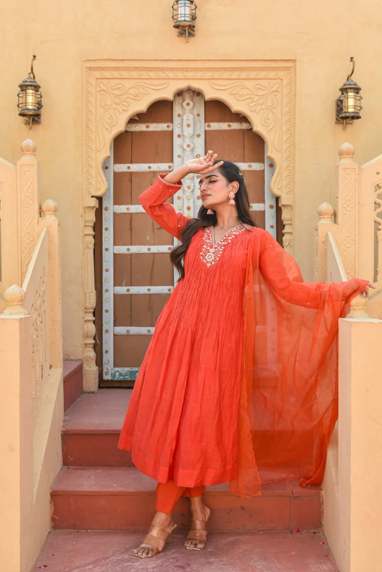Crimson Red Chanderi Silk Kurta Set - Luxury Fashion by Saroj Jain - View 2