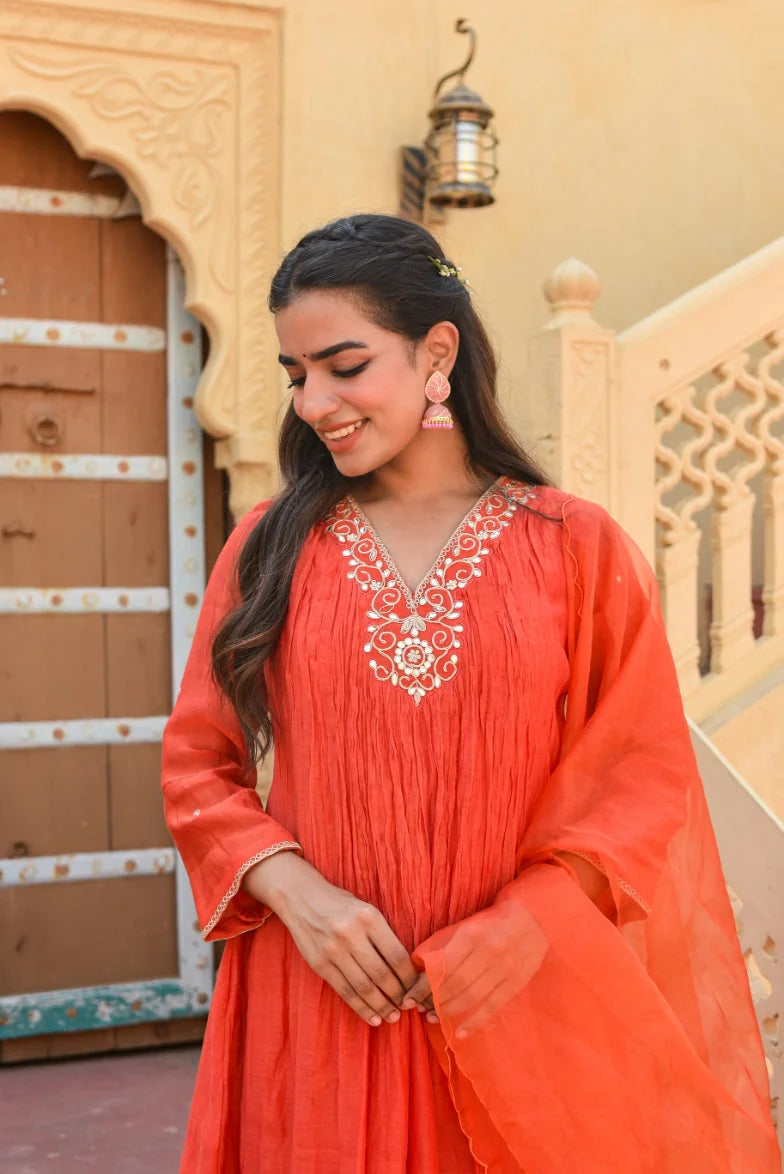 Crimson Red Chanderi Silk Kurta Set - Luxury Fashion by Saroj Jain - View 4