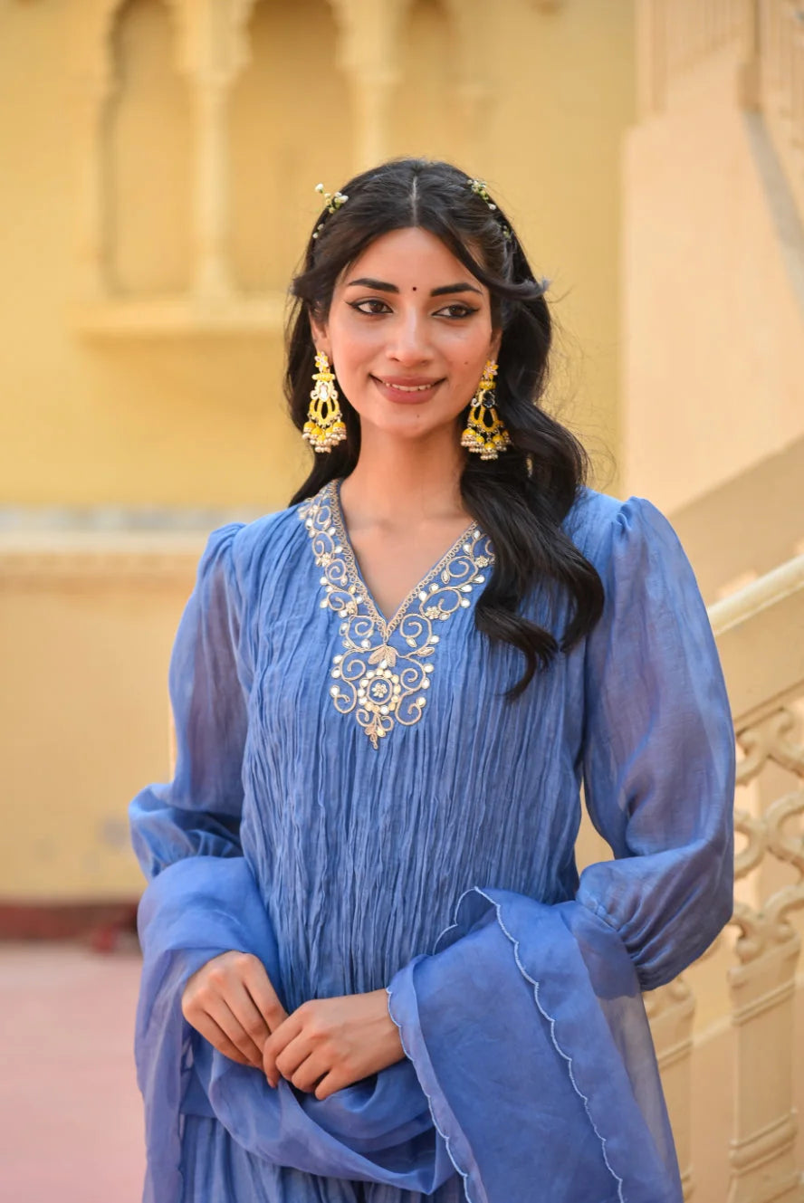 Marine Blue Chanderi Silk Kurta Set