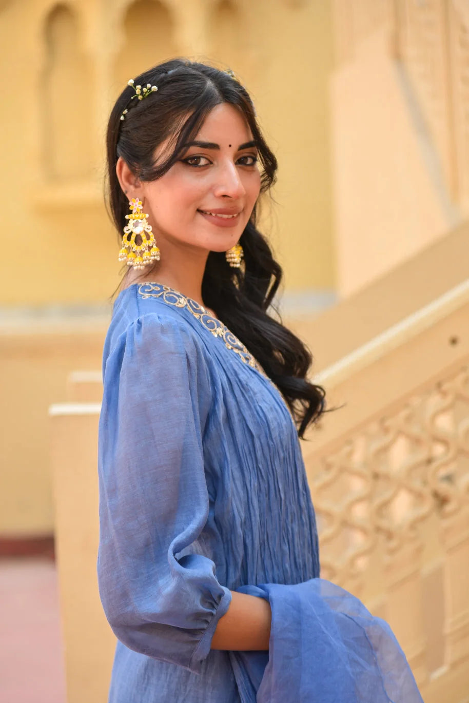 Marine Blue Chanderi Silk Kurta Set