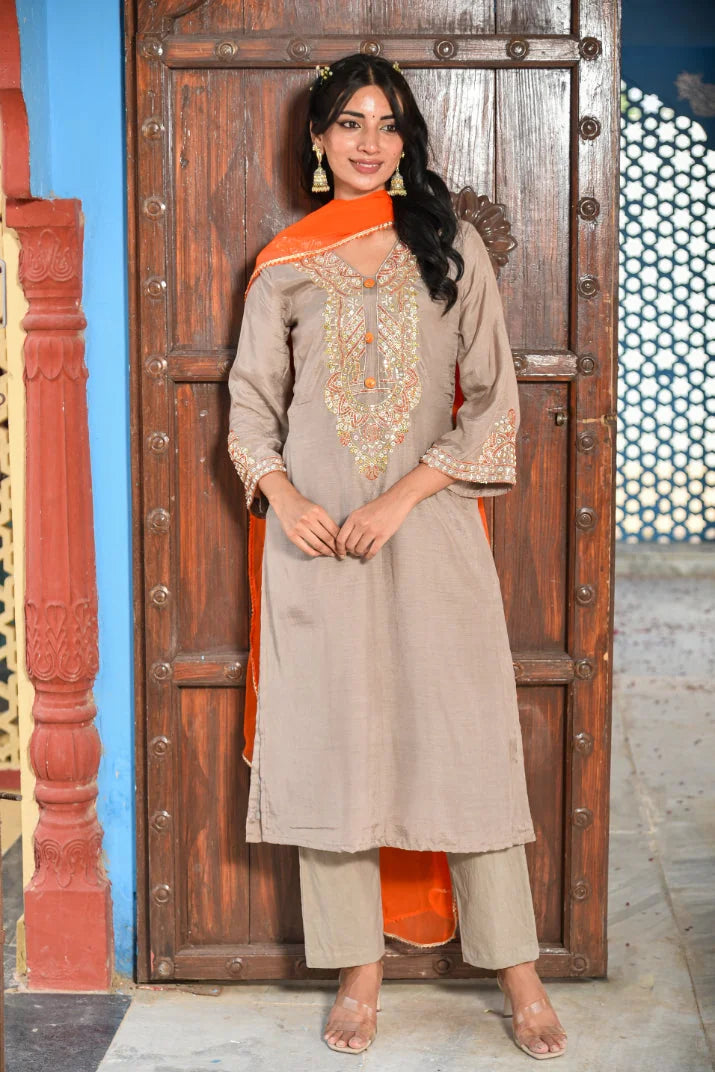 Taupe Grey Straight Kurta Set