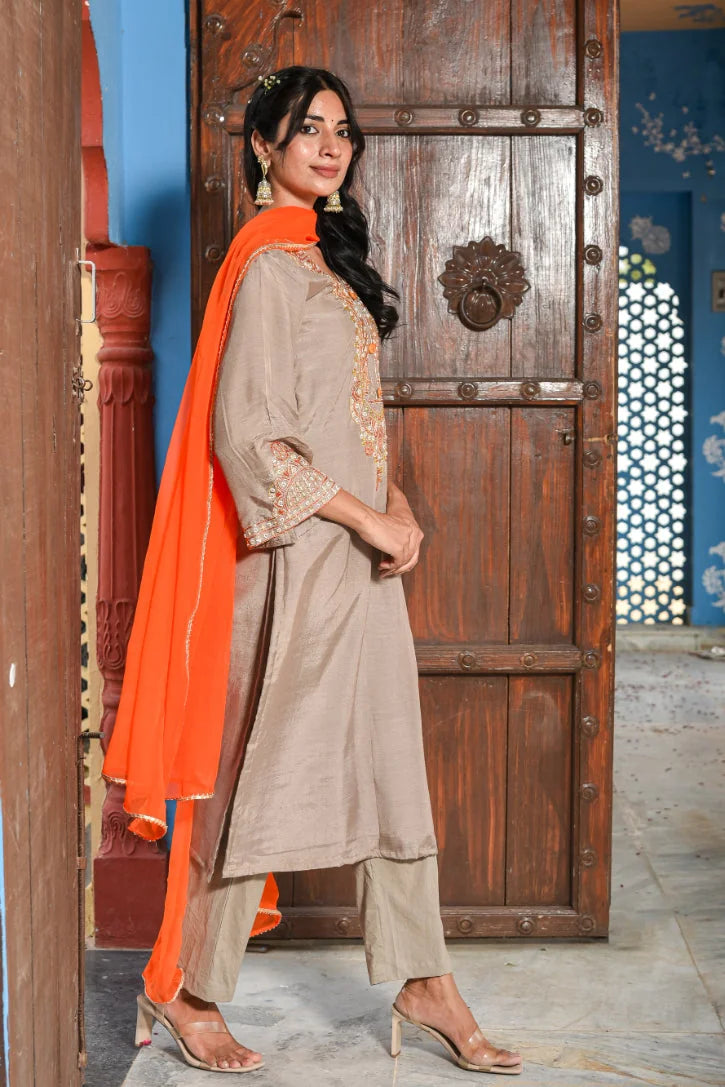 Taupe Grey Straight Kurta Set