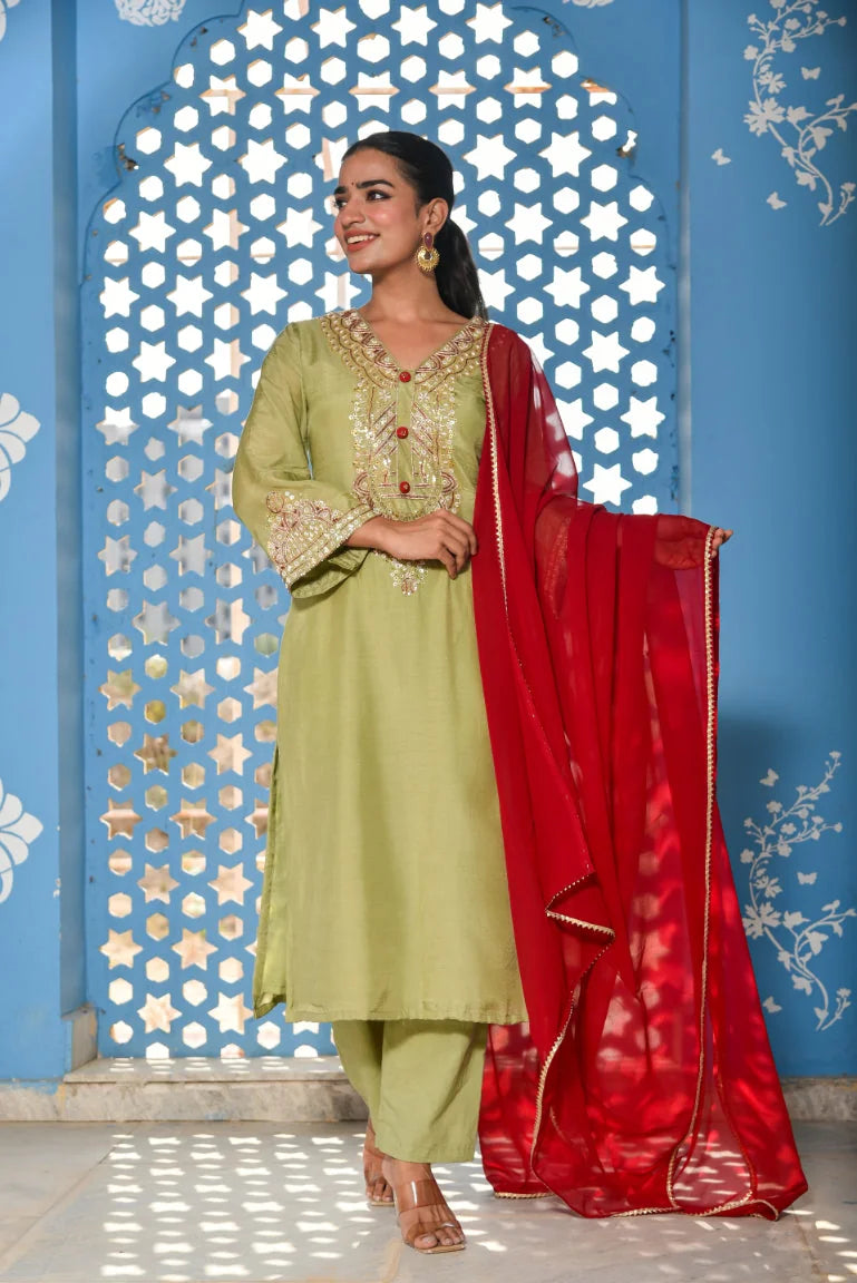 Green Heavy Embroidery Straight Kurta Set