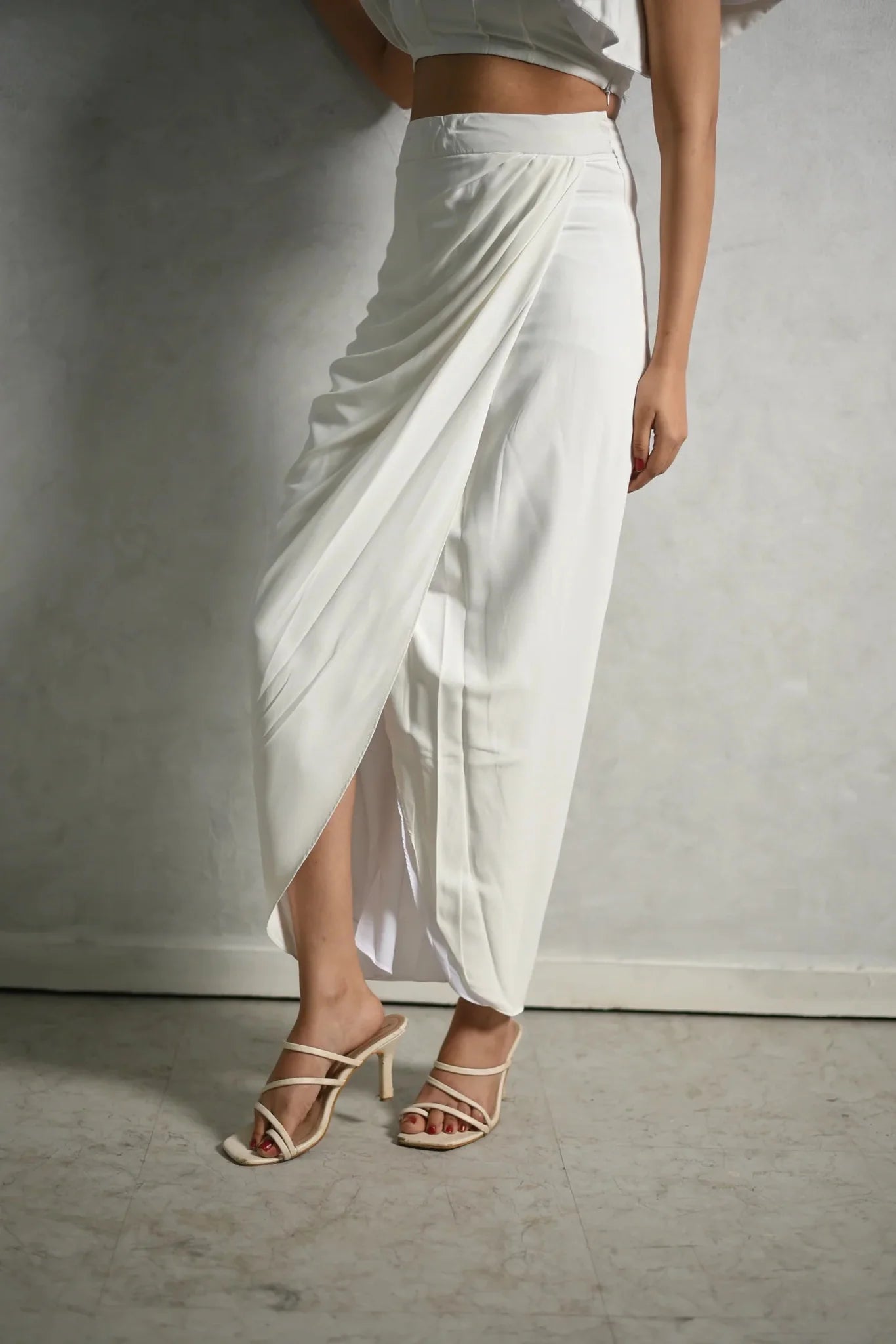 White Asymmetric Drape Midi Skirt - Italian Crepe Elegant Women's Skirt