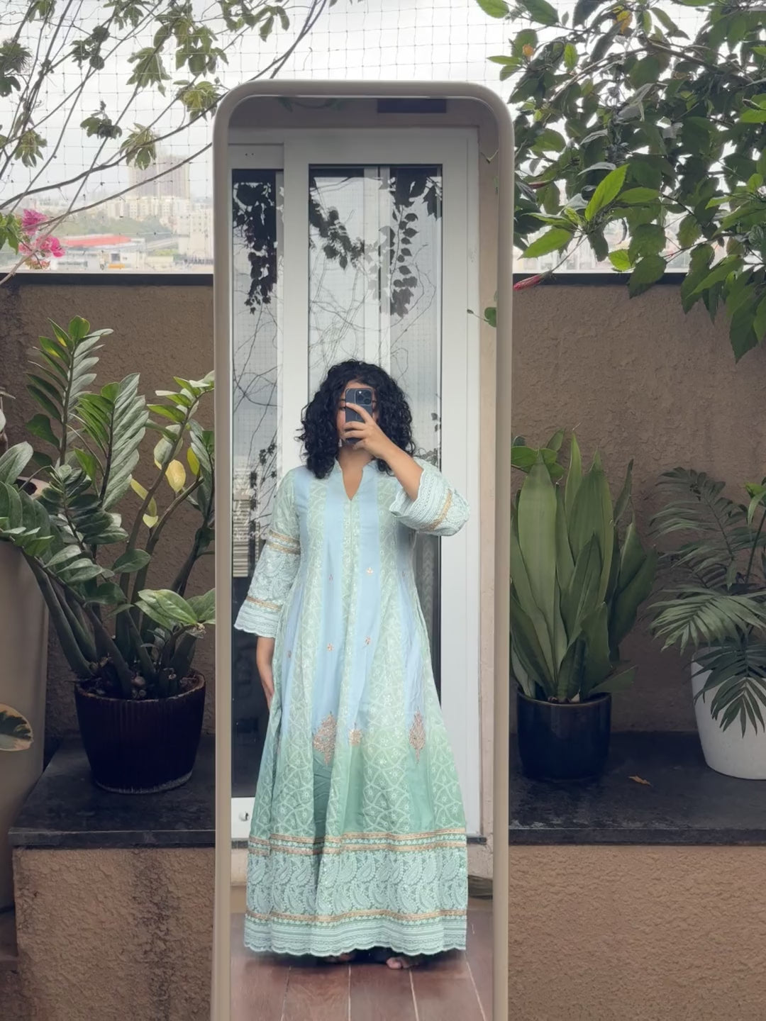 Saroj Jain Ombre Powder Blue and Sage Mint Green Lucknowi Chikankari Anarkali Gown Video