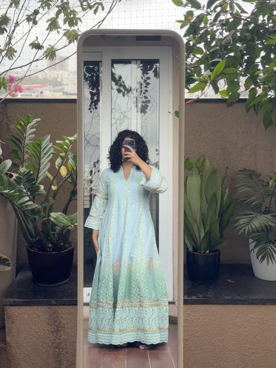 Saroj Jain Ombre Powder Blue and Sage Mint Green Lucknowi Chikankari Anarkali Gown Video