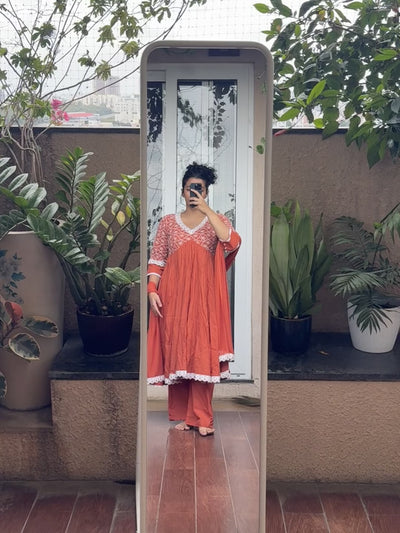 Saroj Jain Terracotta Rust Red Lucknowi Chikankari Anarkali Gown Video