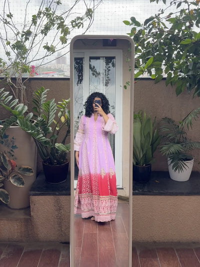 Saroj Jain Ombre Lavender Pink and Crimson Red Lucknowi Chikankari Anarkali Gown Video