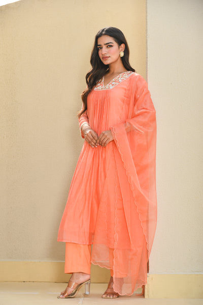 Plum Orange Pleated Kurta Set