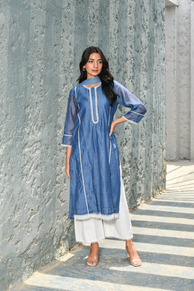 Model in Steel Blue Chanderi Kurta Set