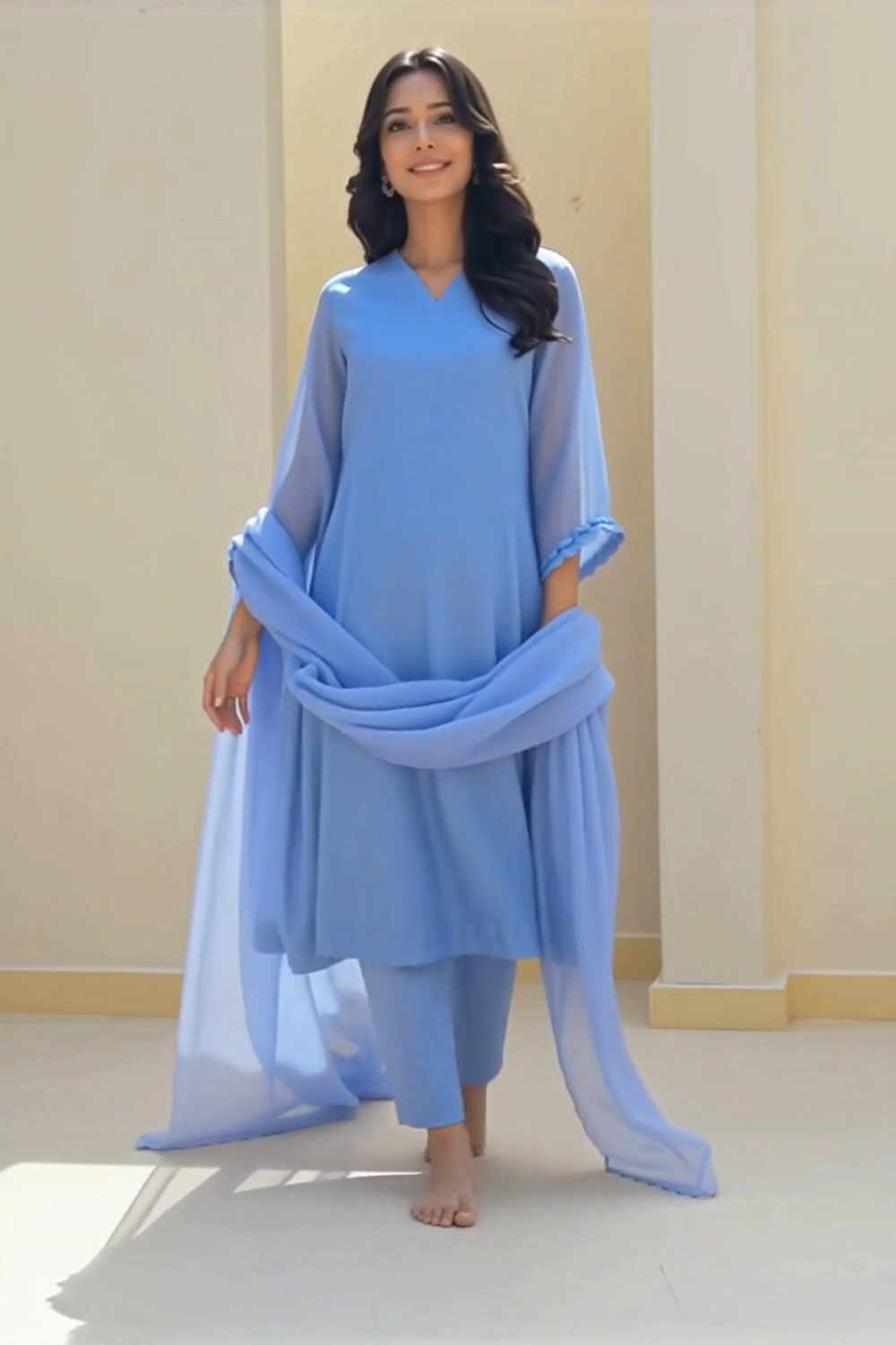 Ice Blue Mukesh Work A-line Kurta Set