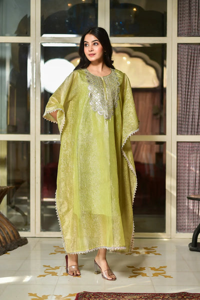 Pastel Green Luxe Embroidered Kaftan Dress