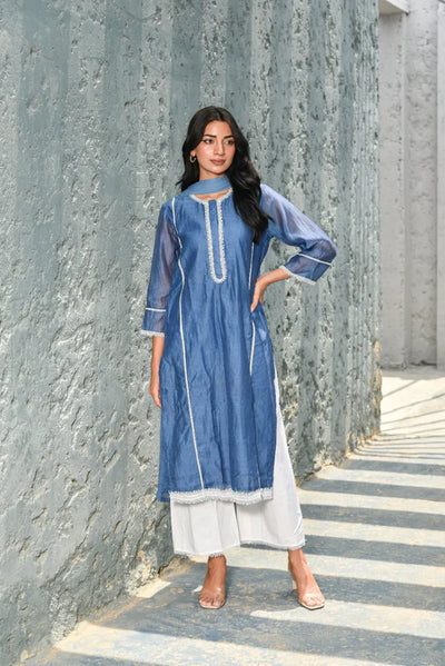 STEEL BLUE CHANDERI SET IN ACTION