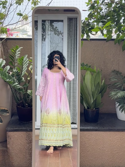 Saroj Jain Ombre Pink and Lime Green Lucknowi Chikankari Anarkali Gown Video (Optimized Web Version)