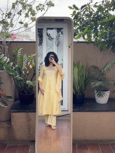 Saroj Jain Pastel Sunshine Yellow Lucknowi Chikankari Anarkali Gown Video
