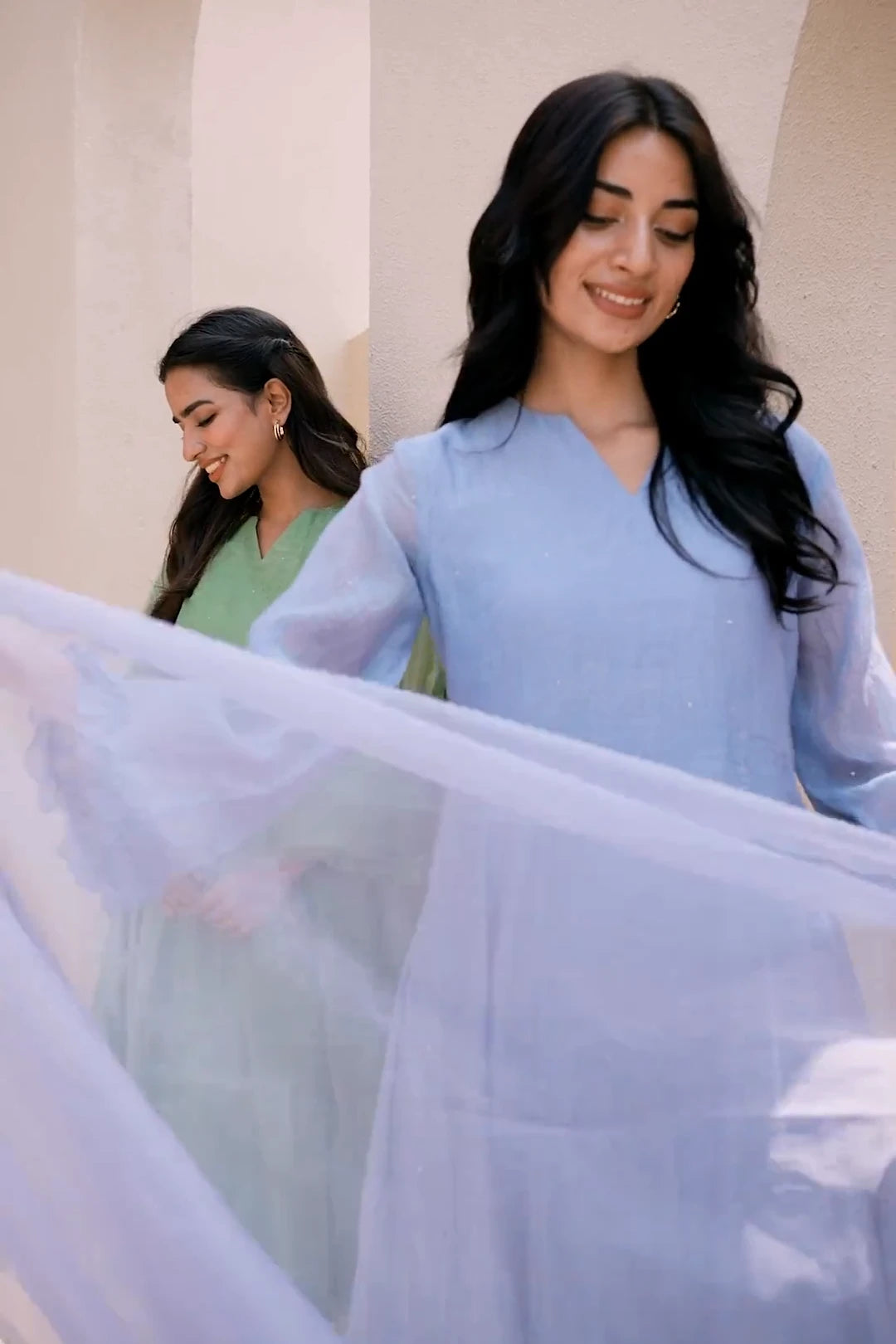 ICE BLUE MUKESH WORK A LINE KURTA SET