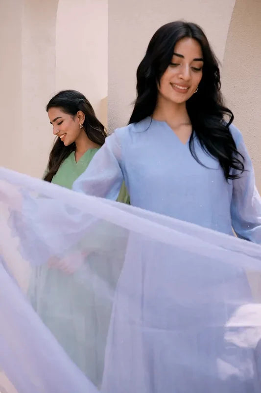 ICE BLUE MUKESH WORK A line kurta set