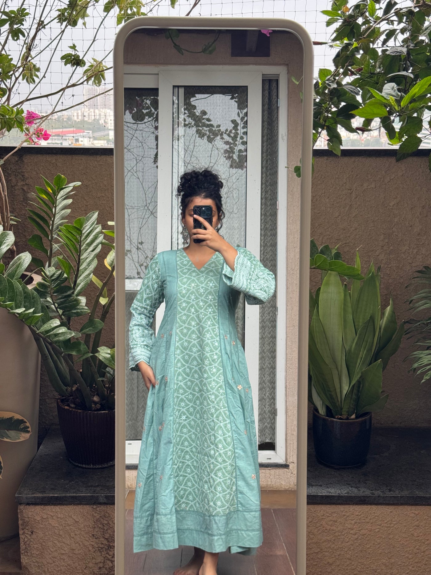Saroj Jain Sea Green Cotton Chikankari Anarkali Suit Full Length Mirror View