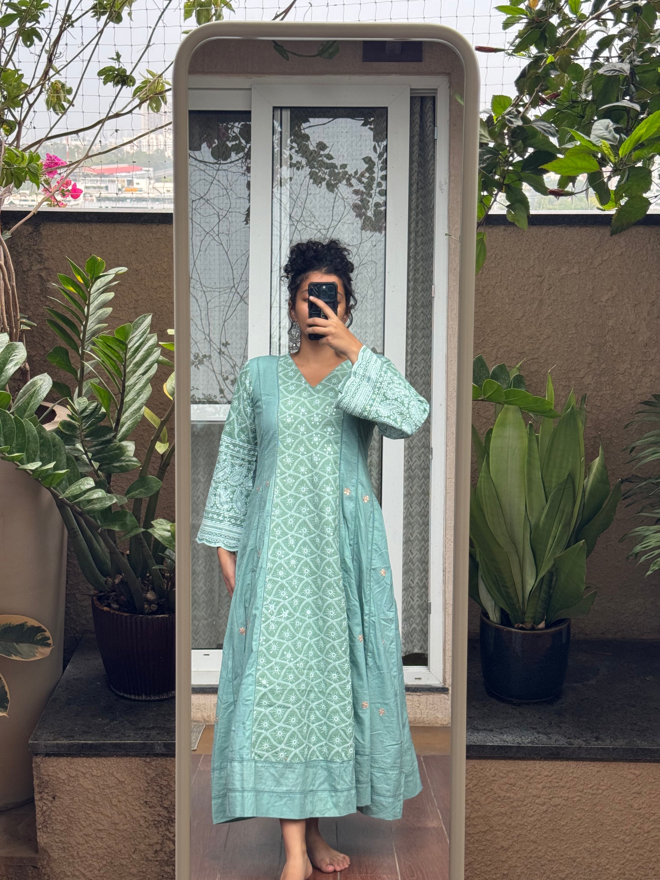 Saroj Jain Mint Green Chikankari Anarkali Suit Back View with Dori Tie-up Details