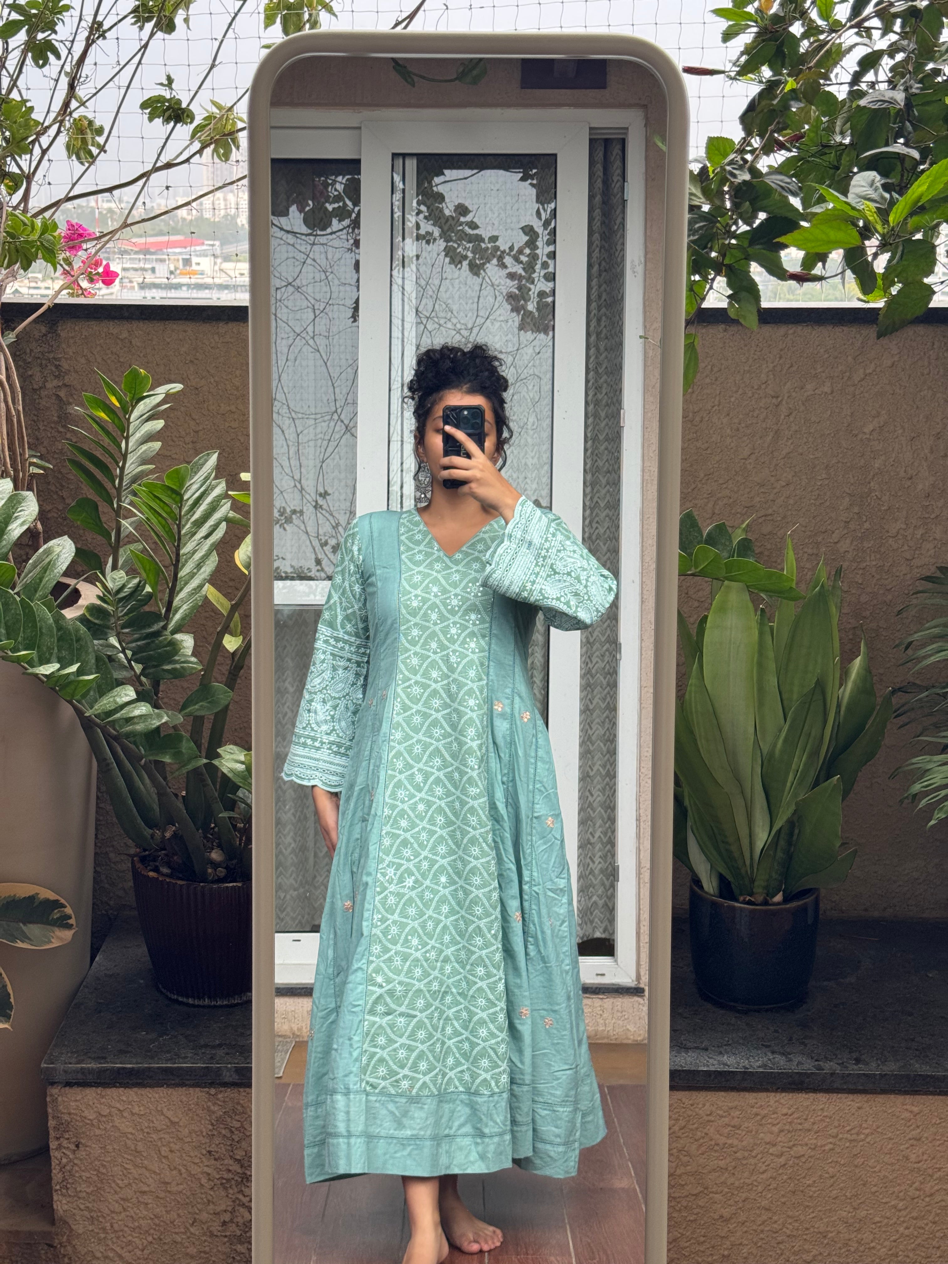 Saroj Jain Mint Green Chikankari Anarkali Suit Back View with Dori Tie-up Details
