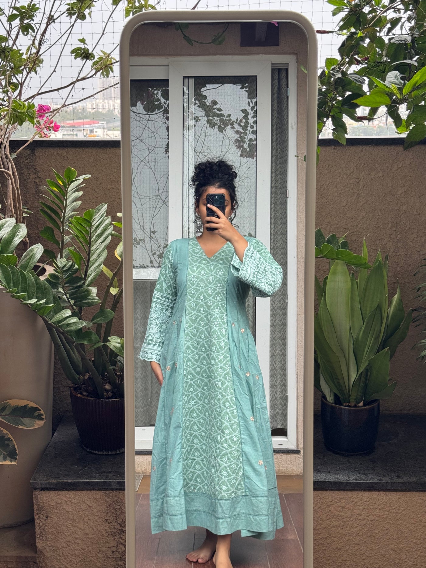 Saroj Jain Powder Mint Sea Green Lucknowi Chikankari Anarkali Gown Front View - Jaipur Designer Wear