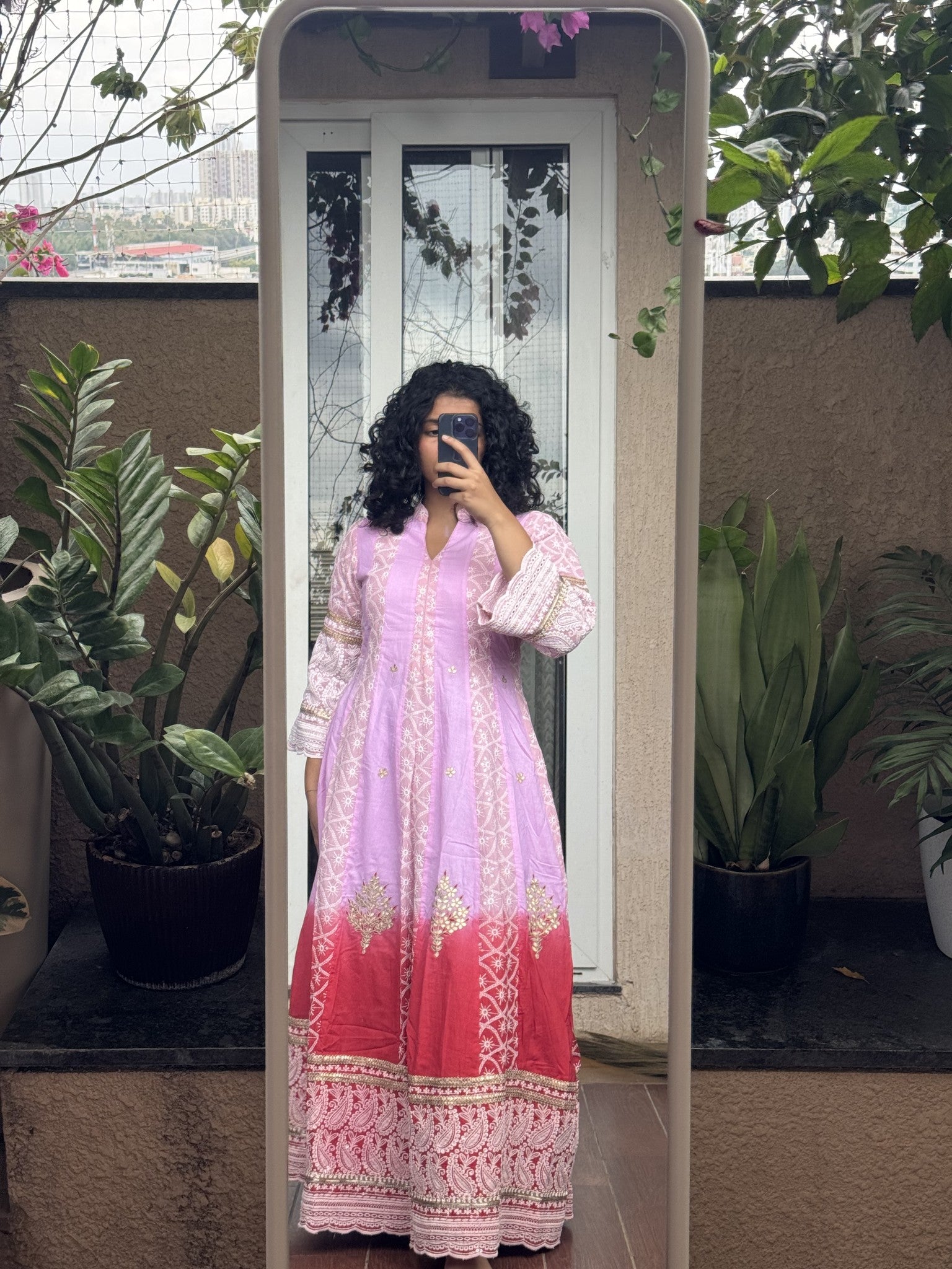 Saroj Jain Ombre Lavender Pink and Crimson Red Lucknowi Chikankari Anarkali Gown bodice embroidery.