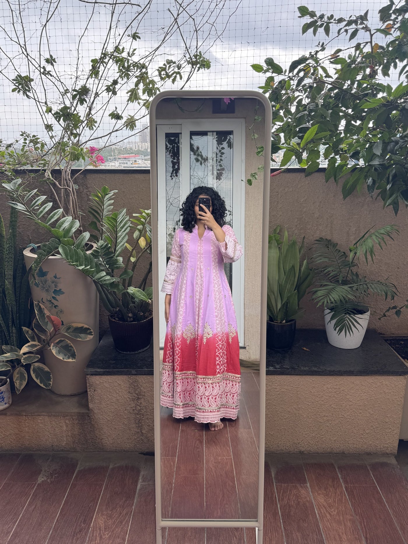 Saroj Jain Ombre Lavender Pink and Crimson Red Lucknowi Chikankari Anarkali Gown front view showing dual tone gradient.