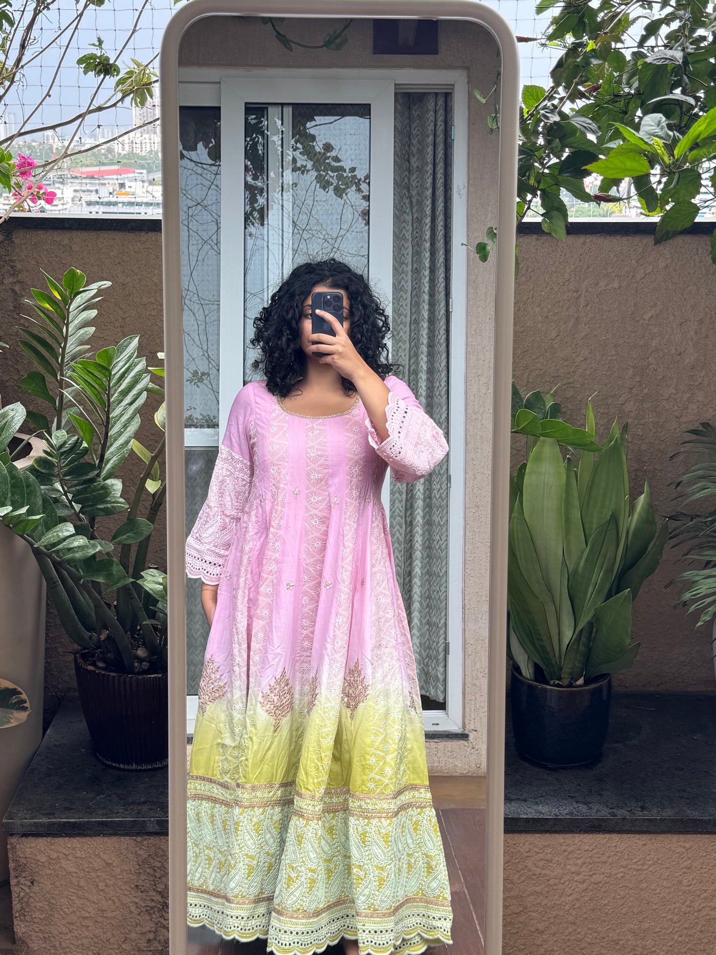 Saroj Jain Dual Tone Ombre Pink and Pistachio Green Hand Embroidered Chikankari Suit Full Length