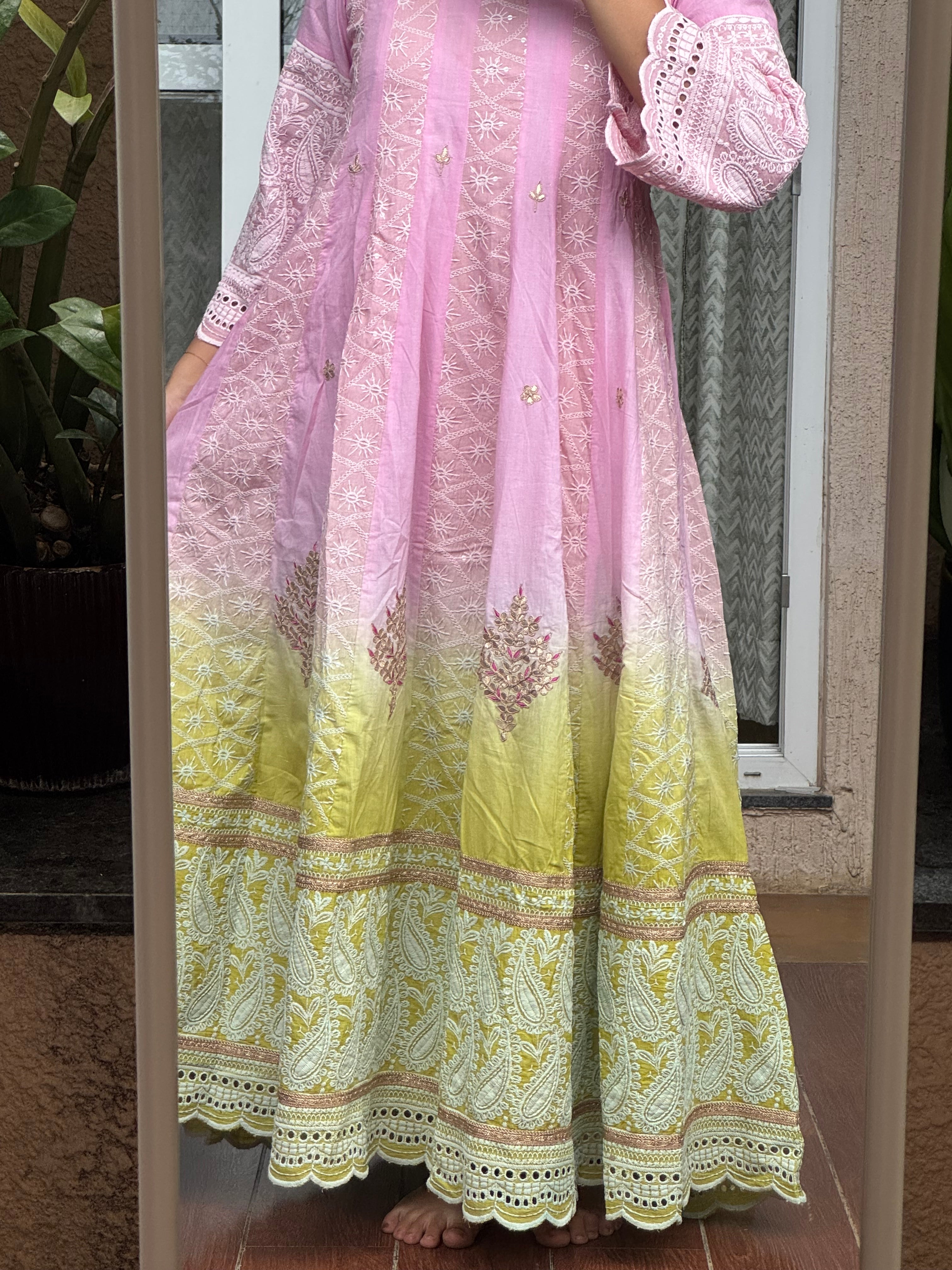 Saroj Jain Ombre Pink and Lime Green Lucknowi Chikankari Anarkali Gown Front View - Designer Ethnic Wear Jaipur India