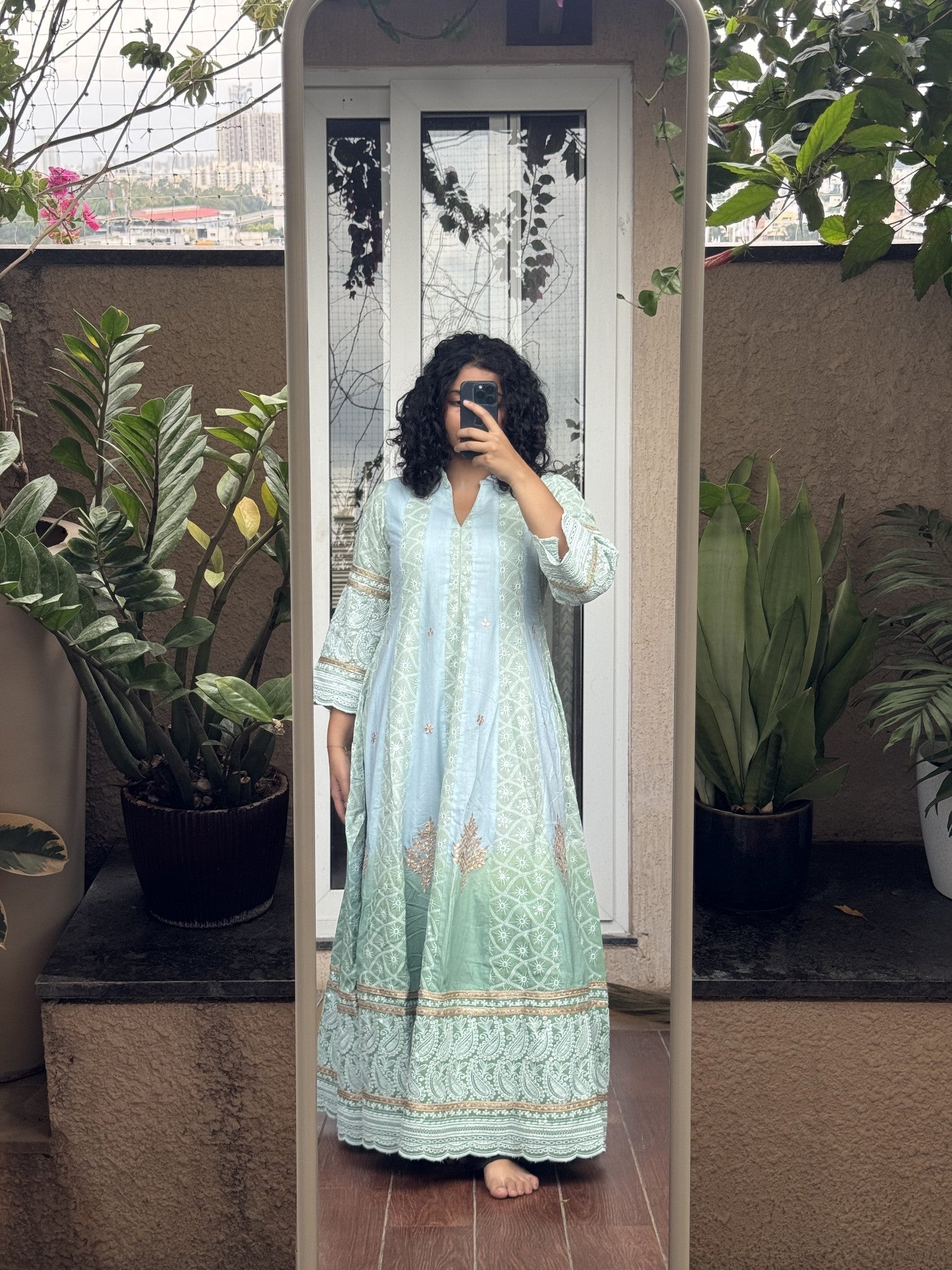 Saroj Jain Ombre Powder Blue and Sage Mint Green Lucknowi Chikankari Anarkali Gown fabric close up.