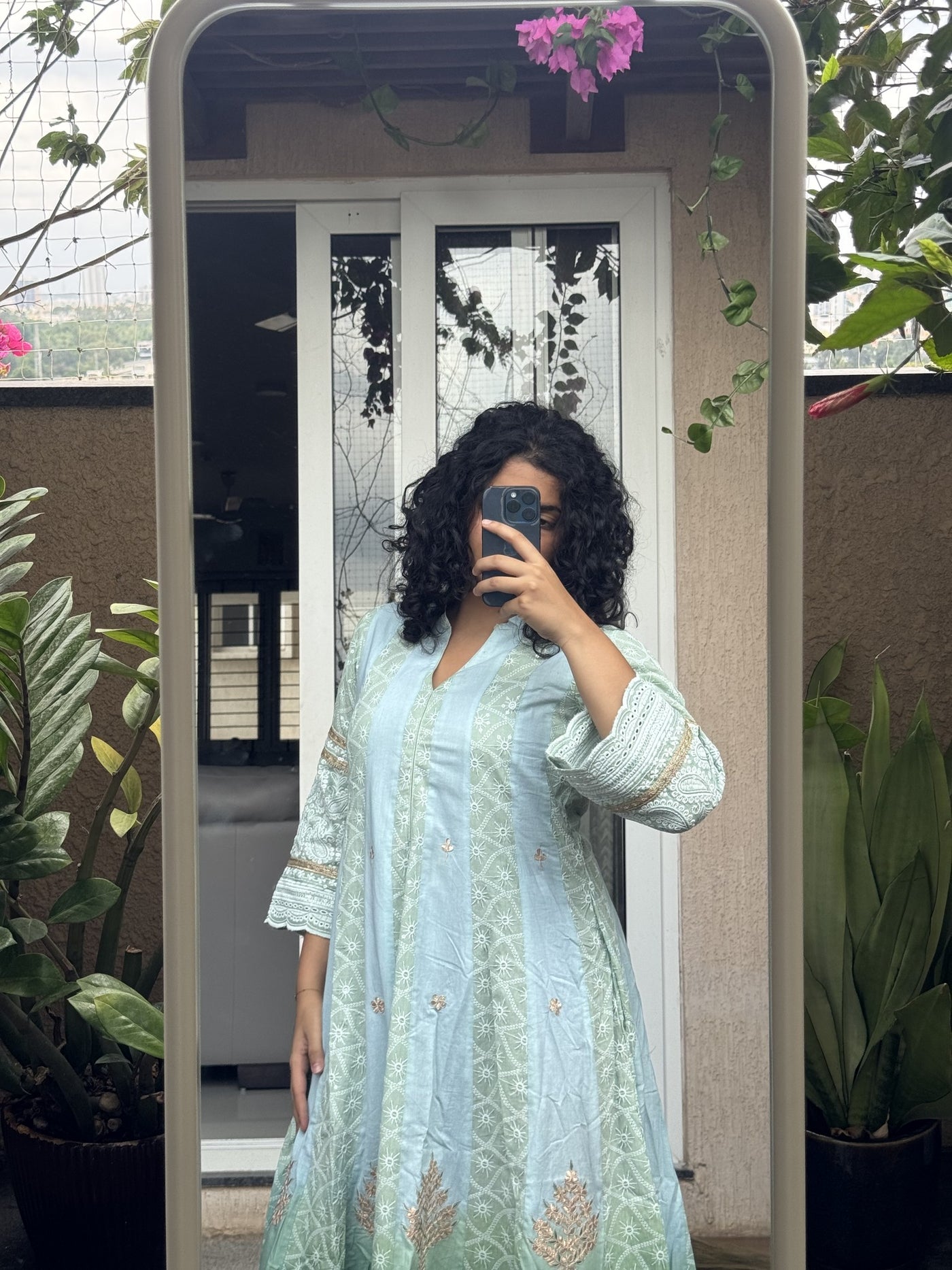 Saroj Jain Ombre Powder Blue and Sage Mint Green Lucknowi Chikankari Anarkali Gown front view showing dual tone vertical panels.