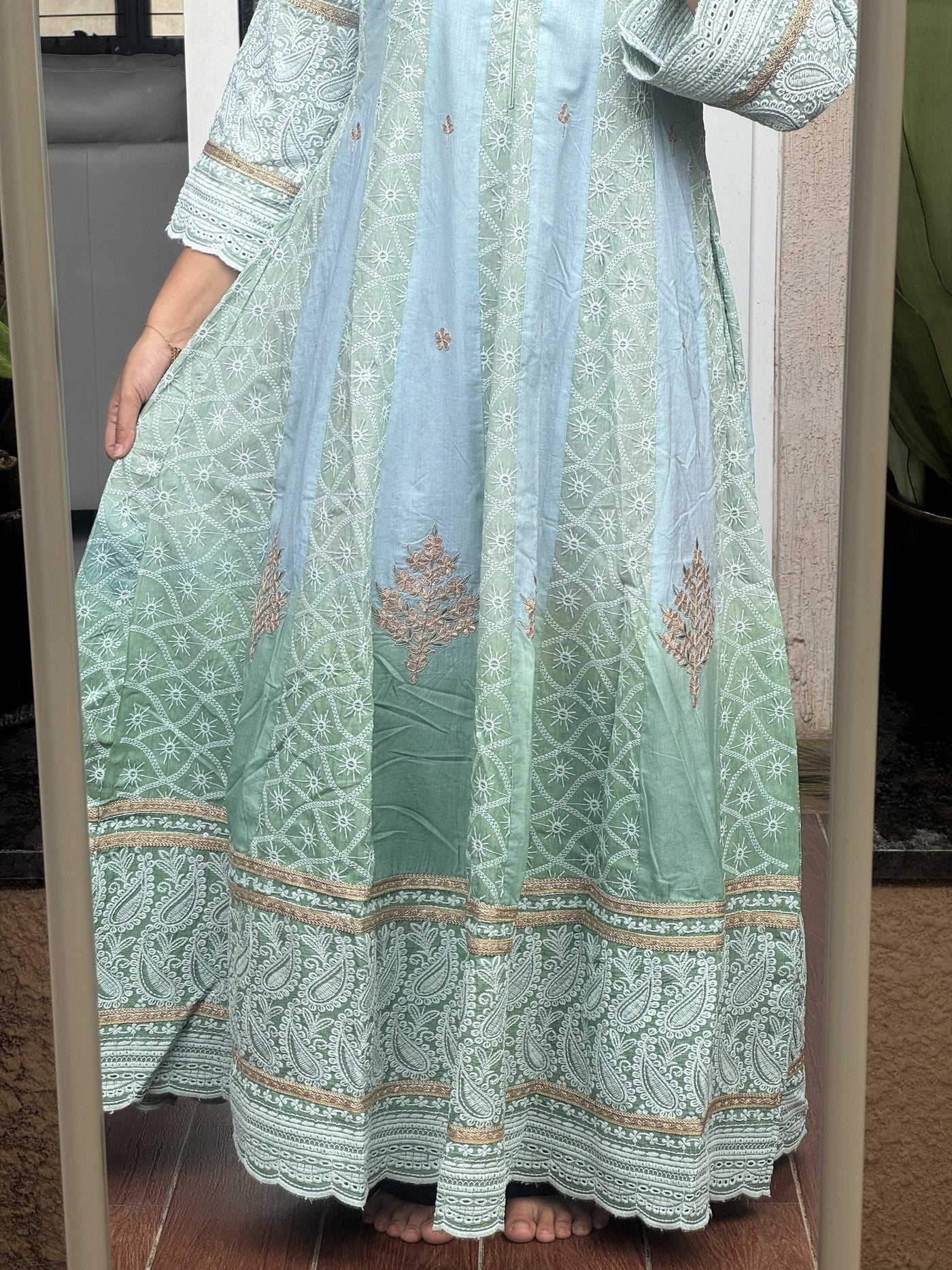 Saroj Jain Ombre Powder Blue and Sage Mint Green Lucknowi Chikankari Anarkali Gown full flared silhouette.