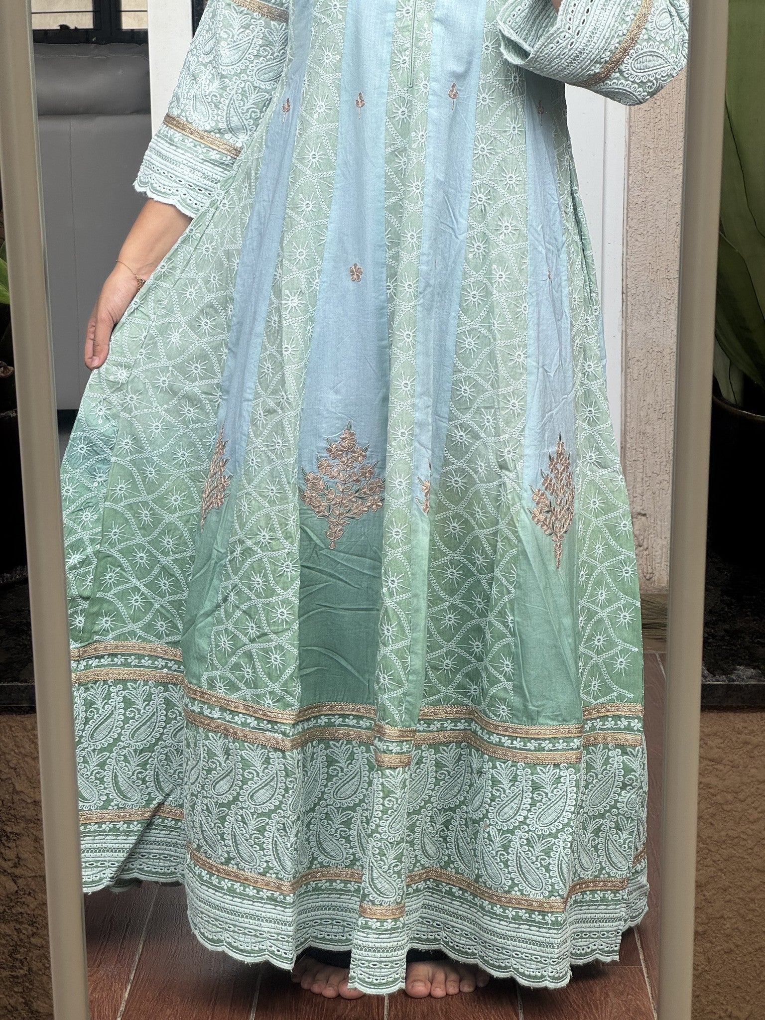 Saroj Jain Ombre Powder Blue and Sage Mint Green Lucknowi Chikankari Anarkali Gown full flared silhouette.