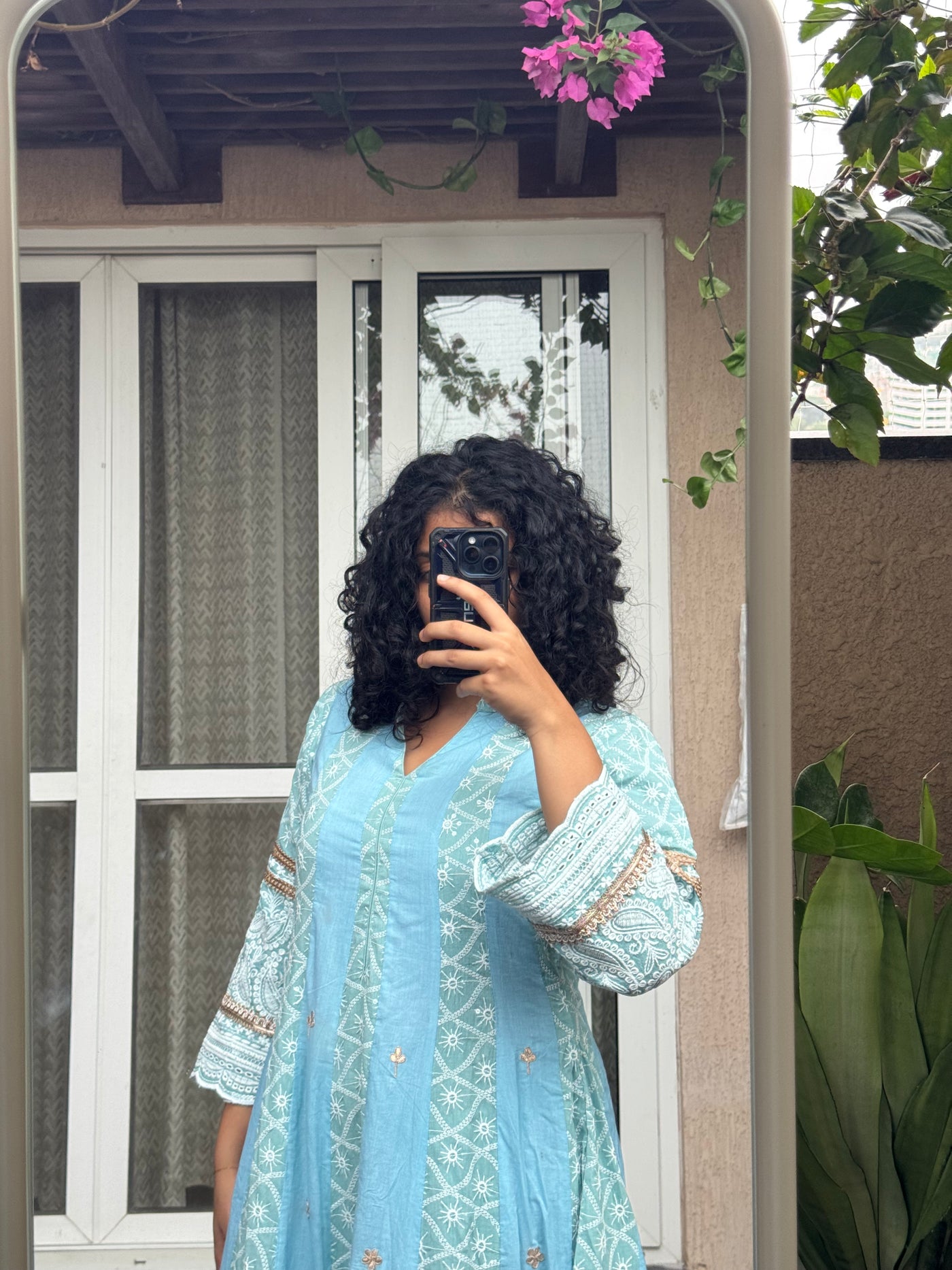 Saroj Jain Ombre Sky Blue Chikankari Anarkali Suit Torso Detail with Fine White Threadwork and Gota Accent