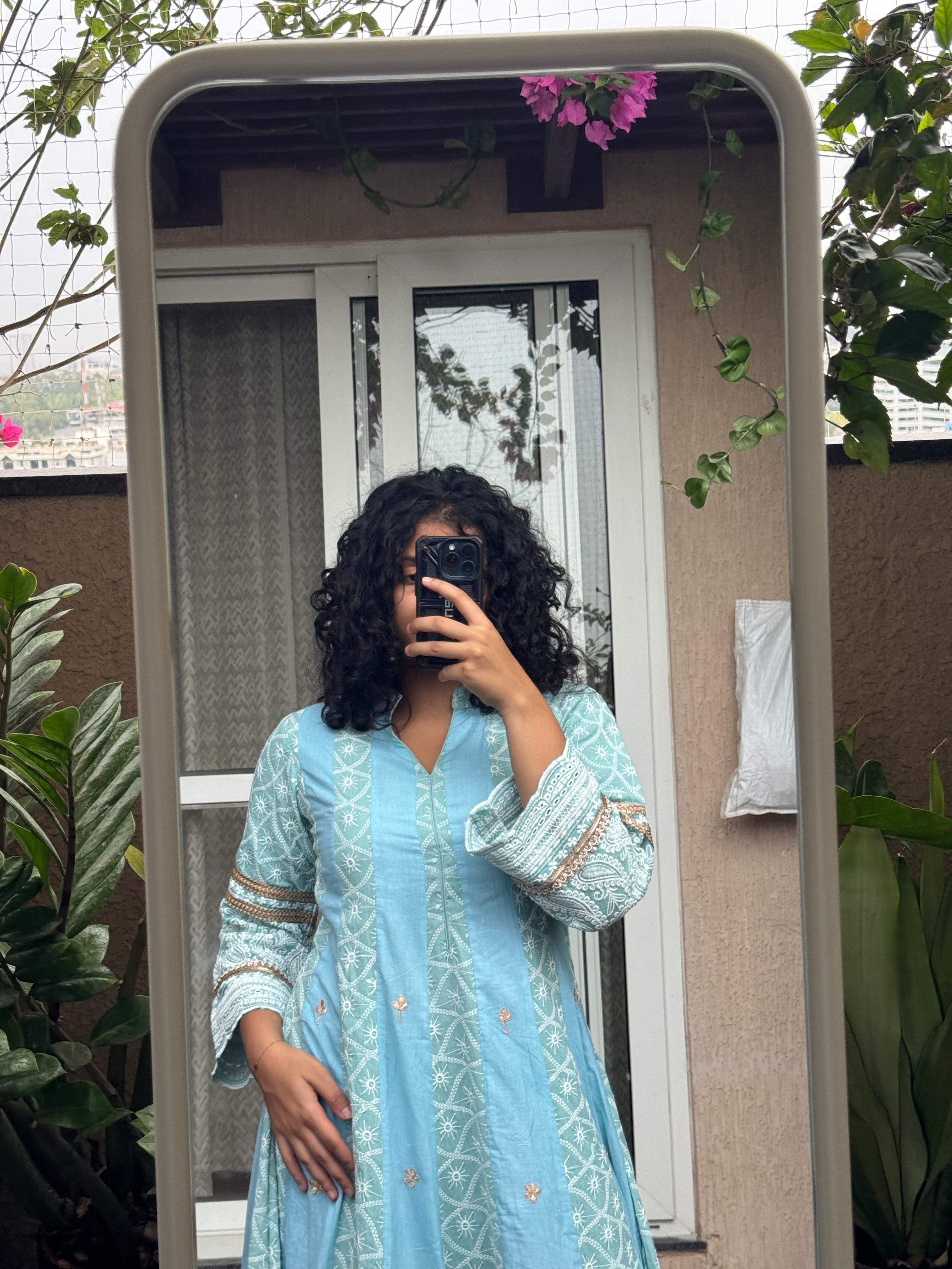 Saroj Jain Ombre Blue Chikankari Dress Back Design with Dori Tassels and Sleeve Pattern