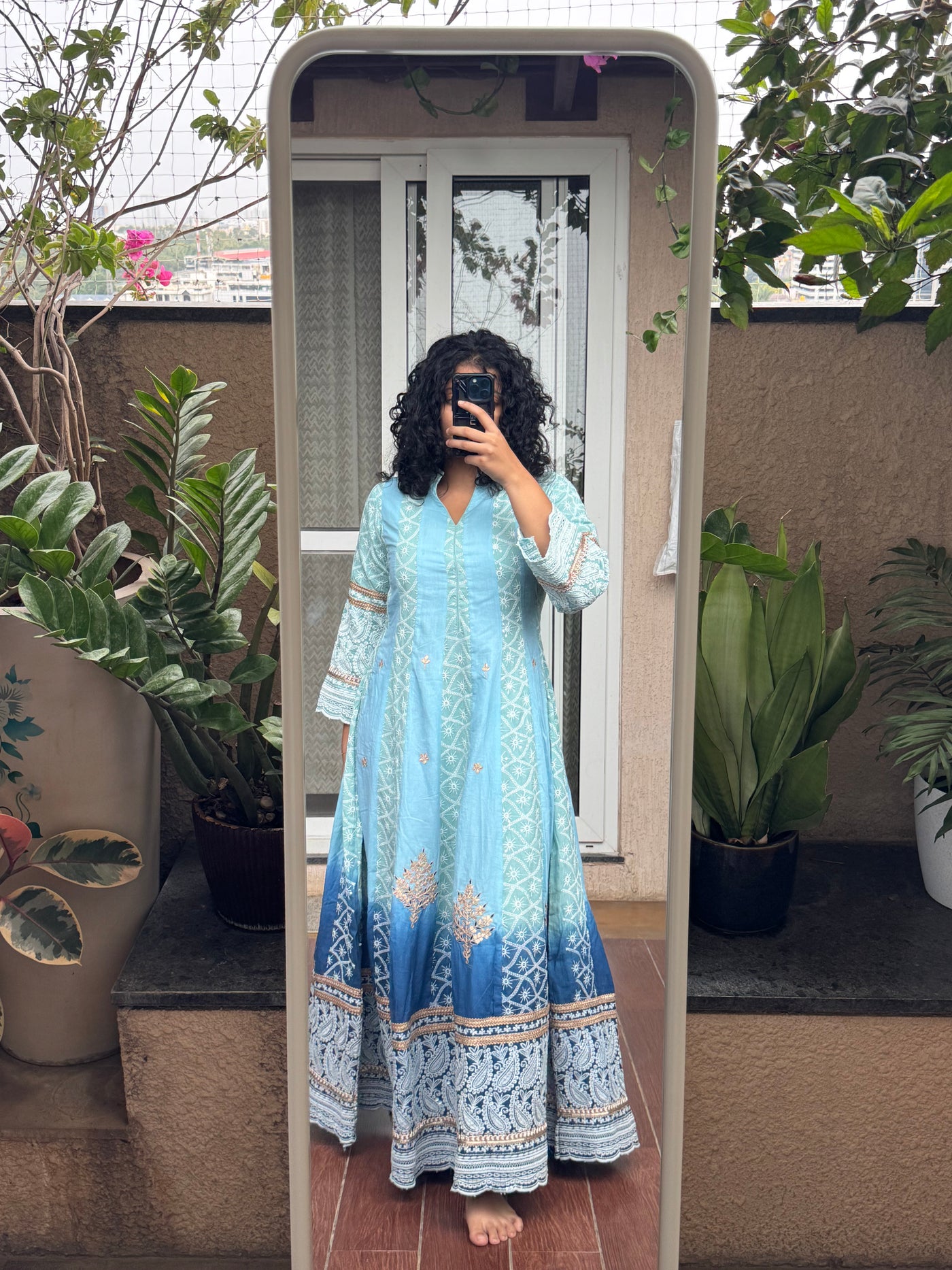 Saroj Jain Dual Tone Ombre Sky Blue and Indigo Lucknowi Chikankari Anarkali Gown Front View - Jaipur India