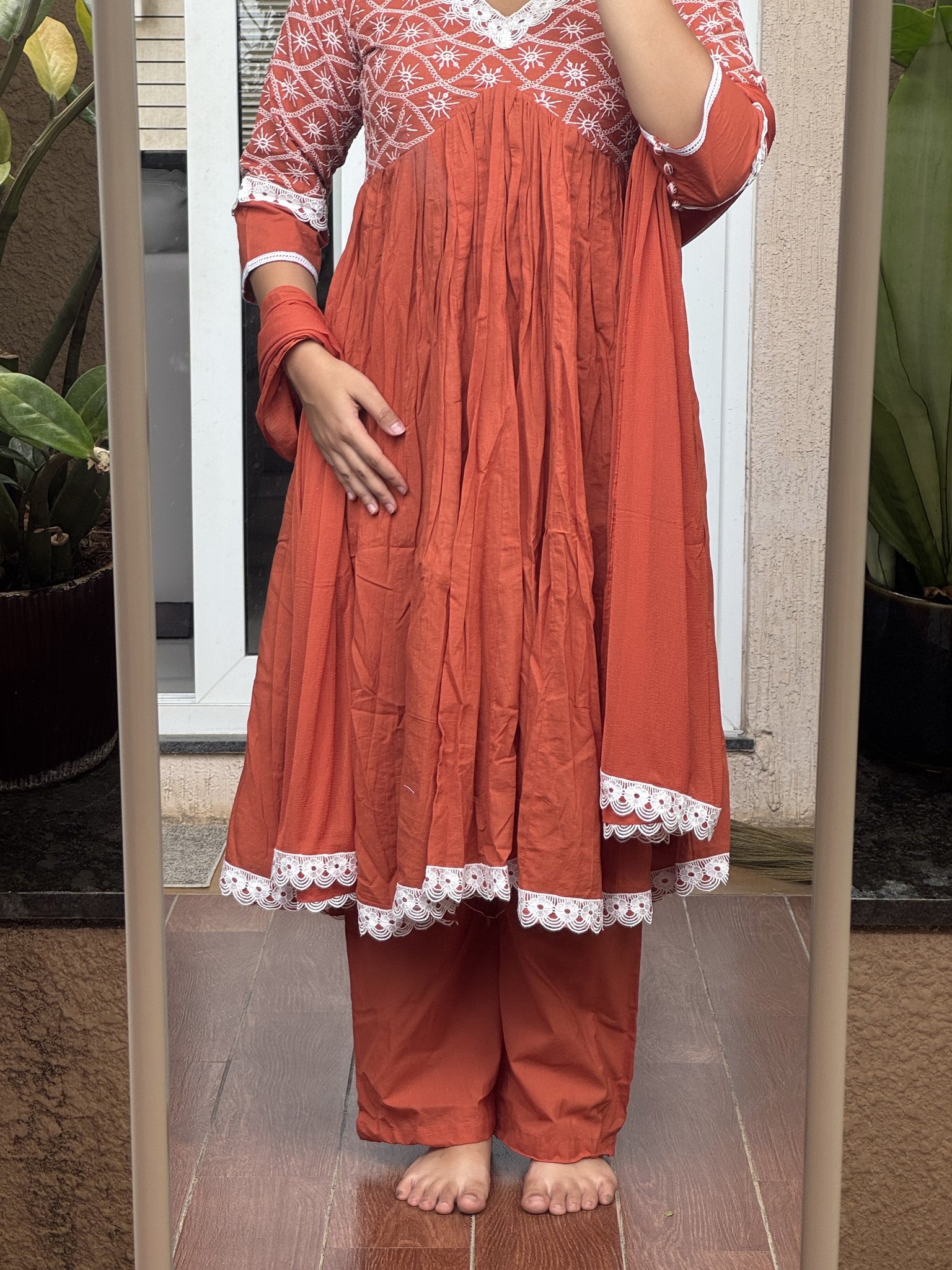 Saroj Jain Terracotta Rust Red Lucknowi Chikankari Anarkali Gown back angle.